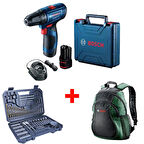 BOSCH Professional GSR 120-LI Akülü Delme Vidalama + Bosch Sırt Çantası + Bosch V-Line 103 Parça Karışık Aksesuar Seti