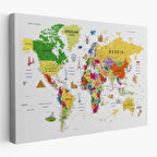 Harita Sepeti Dünya Haritası Son Derece Ayrıntılı Eğitici ve Sembollü Kanvas Tablo 3185