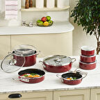 Karaca Erva Emaye İndüksiyon Tabanlı 14 Parça Tencere Çeyiz Seti Bordo