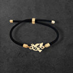Güçlü ve Özgür Siyah Örgülü 14 Ayar Altın Plakalı ve Kuş Figürlü Bozkurt Bilekliği