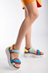 Sandal Spor Ss001 Kadın Dolgu Topuklu Spor Sandalet Yeşil - Mavi