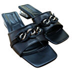 Castle Black 35833 Kadın Taşlı Zincir Tokalı Kısa Topuklu Terlik Siyah