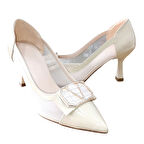 Stillo 320 Kadın Taşlı Tokalı Tül Detaylı Kadeh Ökçe Abiye Ayakkabı Bej Rugan