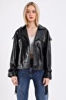 Oversize Biker Kadın Deri Mont