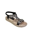 YAZKIŞ Kadın Siyah Gümüş Üzeri Taşlı Bileği Lastikli 3cm Kalın Düz Taban Sandalet