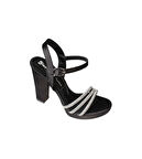 YAZKIŞ Kadın Siyah Gümüş Saten 3Bantlı Taşlı 10cm Kalın Topuk 2cm platform Topuk Abiye Ayakkabı