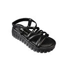 YAZKIŞ Kadın Siyah Beyaz Üzeri  Bant Atkılı 5cm Kalın Taban Arkası Lastikli Sandalet