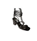 YAZKIŞ Kadın Gümüş Platin Rugan Çift  Bantlı Bilekten Dolamalı 8cm Kalın Topuklu  Ayakkabı