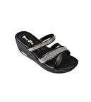 YAZKIŞ Kadın Siyah Üzeri Çapraz Taşlı 6cm Dolgu Topuk Terlik