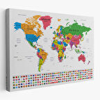 Harita Sepeti Dünya Haritası Son Derece Ayrıntılı Eğitici ve Bayraklı Dekoratif Kanvas Tablo 3244