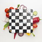 Decovetro Cam Kesme Tahtası Kare Siyah Beyaz Desenli 30x30 Cm