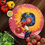 Decovetro Cam Kesme Tahtası Yuvarlak Somon Çiçek Desenli 30x30 Cm