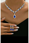 Gümüş Kaplama Deniz Mavisi Kolye,küpe Seti 2'lü Set Davet Düğün Nişan Abiye