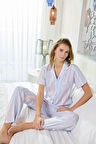 Kadın Önden Düğmeli Gömlek Yakalı Pamuk Saten Dokuma Göğüs Cepli Kısa Kol Pijama Takımı