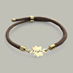 Leyla İsmine Özel Örgü İpli Yaprak Figürlü 14 Ayar Altın Plakalı Hediye Bileklik-331isim-kahverengi