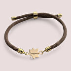 Şeyma İsmine Özel Yaprak Figürlü 14 Ayar Altın Plakalı Örgü İpli Hediye Bileklik-331isim-kahverengi