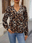 MDB Kadın Uzun Kollu V Yaka Düşük Omuz Geometrik Desen şardonlu Dalgıç Bluz