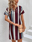 MDB Kadın Kısa Kollu V Yakalı çizgi Baskılı Süprem Elbise