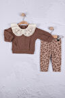 3-18 Ay Kız Bebek Takımı Büyük Yaka Güpür 2'li Kahverengi