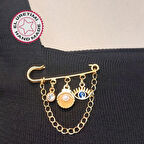 Uretti - Özlem 9422 0287 İnci ve Göz Detaylı İskoç Yaka İğnesi - Sarı