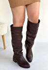 Diz Altı Körüklü Topuklu Çizme Cilt Kahverengi Topuk Boyu 2 Cm