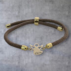 Ebru İsmine Özel 14 Ayar Altın Plakalı Örgülü Mevlana Figürlü Hediye Bileklik-335isim-kahverengi