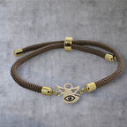 Göz Temalı İpek Örgülü Mevlana Figürlü 14 Ayar Altın Plakalı Hediye Bileklik-335sembol-kahverengi