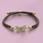 N Harfine Özel Kelebek Motifli 14 Ayar Altın Plakalı Örgü İpli Hediye Bileklik-336harf-kahverengi