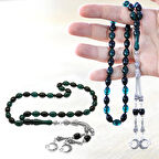 Kararmaz Metal Ayyıldız Püsküllü Arpa Kesim Turkuaz-Siyah Ateş Kehribar Tesbih