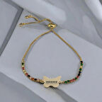 Piyano Temalı Kelebek Motifli 14 Ayar Altın Plakalı Zincirli Hediye Bileklik-340sembol-renklitaş