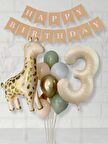 Krem 3 Yaş Rakam Balon Soft Kahve Renkler Zürafa Set  Kraft Happy Birthday Banner Parti Seti