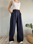 Kadın Lacivert Düğmeli Yüksek Bel Palazzo Pantolon