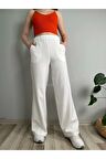 Kadın Beyaz Yüksek Bel Lastikli Bol Paça Pantolon