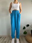 Kadın Mavi Yüksek Bel Keten Balon Pantolon