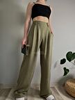 Kadın Haki Keten Düğmeli Yüksek Bel Palazzo Pantolon