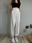 Kadın Beyaz Cırtlı Paçası Lastikli Yüksek Bel Balon Pantolon
