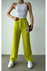Kadın Yağ Yeşili Yüksek Bel Keten Palazzo Pantolon