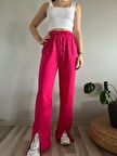 Kadın Fuşya Yüksek Bel Önden yırtmaçlı Keten Pantolon
