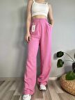 Kadın Pembe Yüksek Bel Keten Palazzo Pantolon