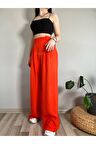 Kadın Turuncu Keten Düğmeli Yüksek Bel Palazzo Pantolon