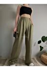 Kadın Haki Keten Düğmeli Yüksek Bel Palazzo Pantolon