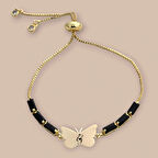 Ğ Harfine Özel 14 Ayar Altın Plakalı Zincirli Kelebek Motifli Hediye Bileklik-343harf-siyahtaş