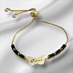 Fatma İsmine Özel Zincirli Kelebek Motifli 14 Ayar Altın Plakalı Hediye Bileklik-343isim-siyahtaş