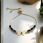 Kedi Temalı Kelebek Motifli 14 Ayar Altın Plakalı Zincirli Hediye Bileklik-343sembol-siyahtaş