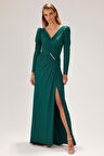 Şeref Vural Kadın Derin Yırtmaçlı V Yaka Abiye Elbise 8145 Yeşil