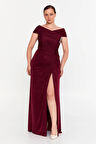 Şeref Vural Kadın Büyük Beden Simli Derin Yırtmaçlı Maxi Abiye Elbise 8210 Bordo