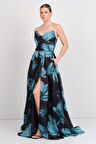 Şeref Vural Kadın Straplez Çiçek Desenli Maxi Abiye Elbise 8381 Petrol
