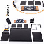 Siyah 10 Parça Düğmeli Sümen Takımı Kabartma Ahşap Ayaklı Masa İsimlik Lüks Masa İsimliği