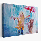 Yağmurda Köpeğini Gezdiren Çocuk Yağlıboya Görünümlü Kanvas Tablo-3454