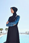 Haşema Mavi Desenli Siyah Jileli 4 Parça Tam Tesettür Mayo Takımı 3019